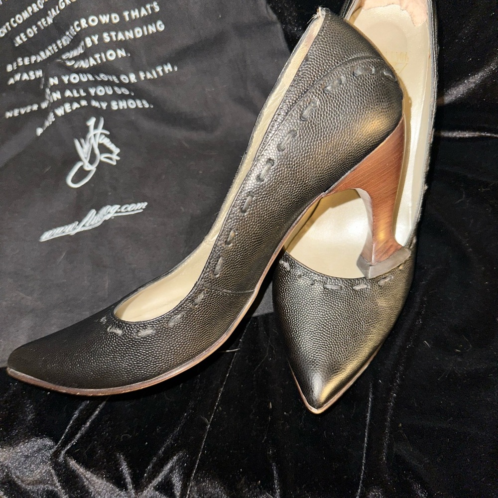 John Fluevog Vintage Black High Heel Teapot Shoes With Wooden Heel, Size 7 - Picture 6 of 6